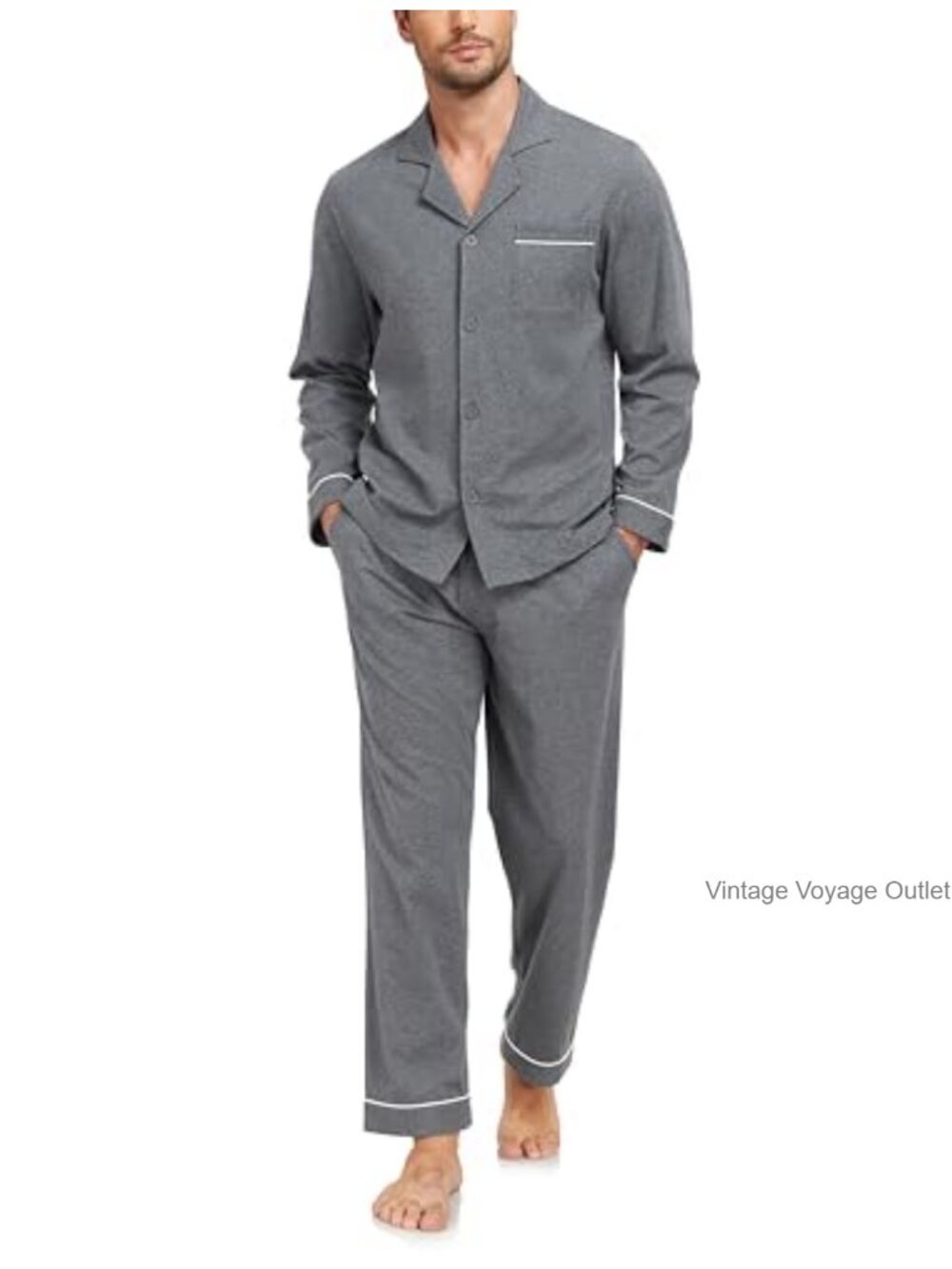 Men's Cotton Pajama Set Long Sleeve Button Up Sleepwear Lounge Set with Pockets